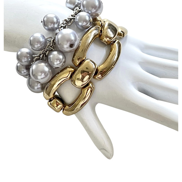 Bracelets Lot 2 Cha Cha Silver Tone Dangle Bead Gold Tone Chunky Shiny Oval Link - Picture 1 of 5